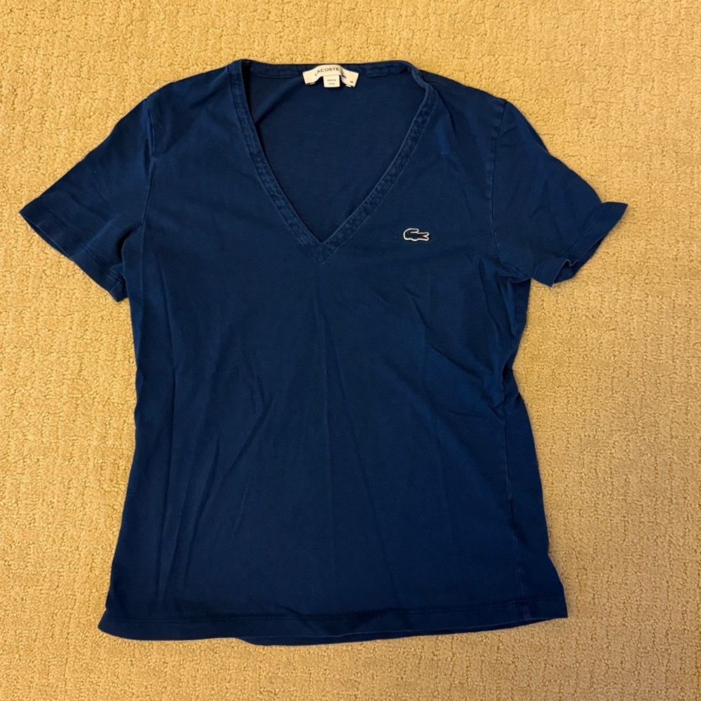 Lacoste T-shirt Women 36 Navy Blue Crocodile V-Neck